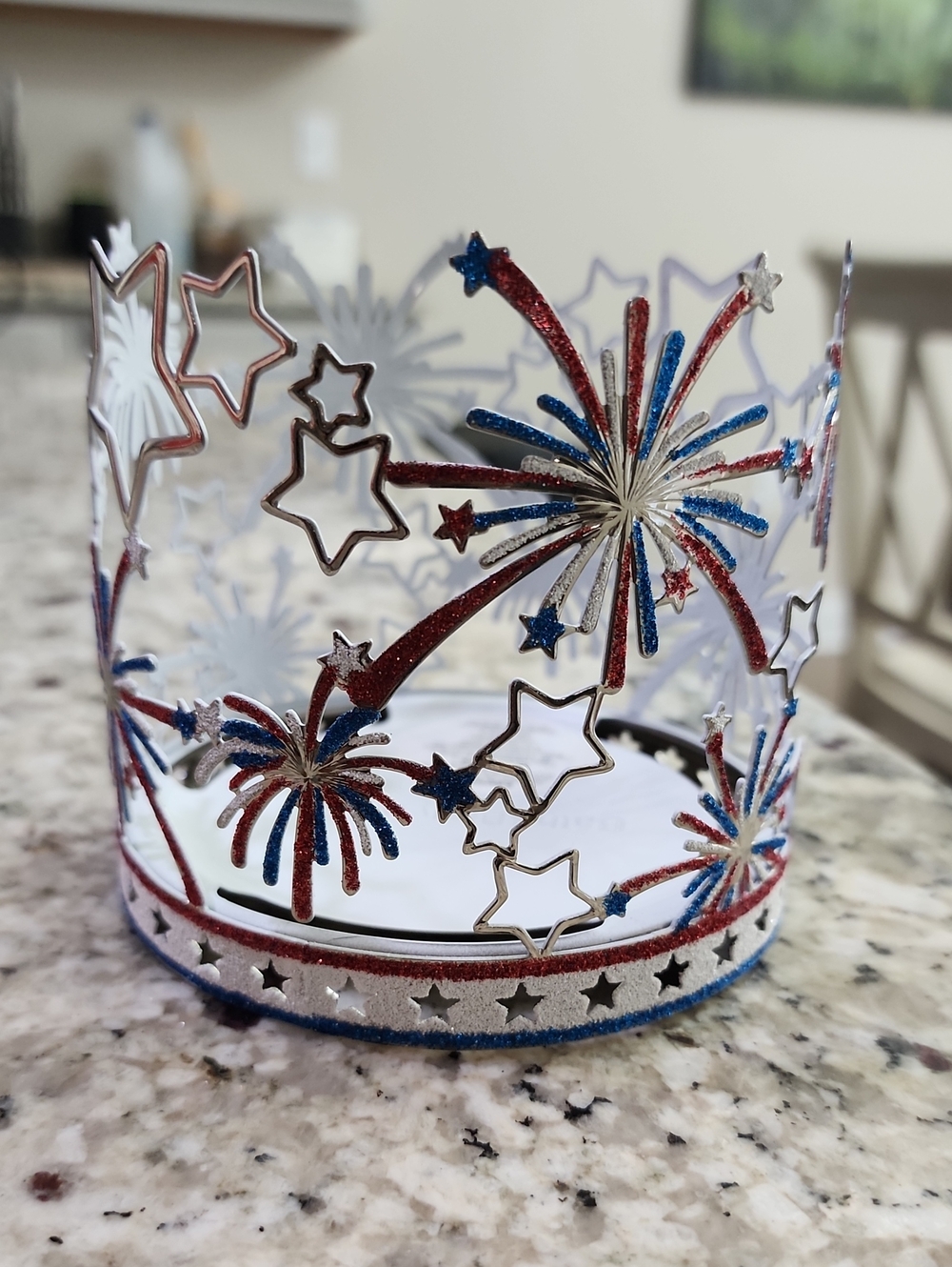 Patriotic Red, White & Blue Fireworks 3 Wick Candle Holder